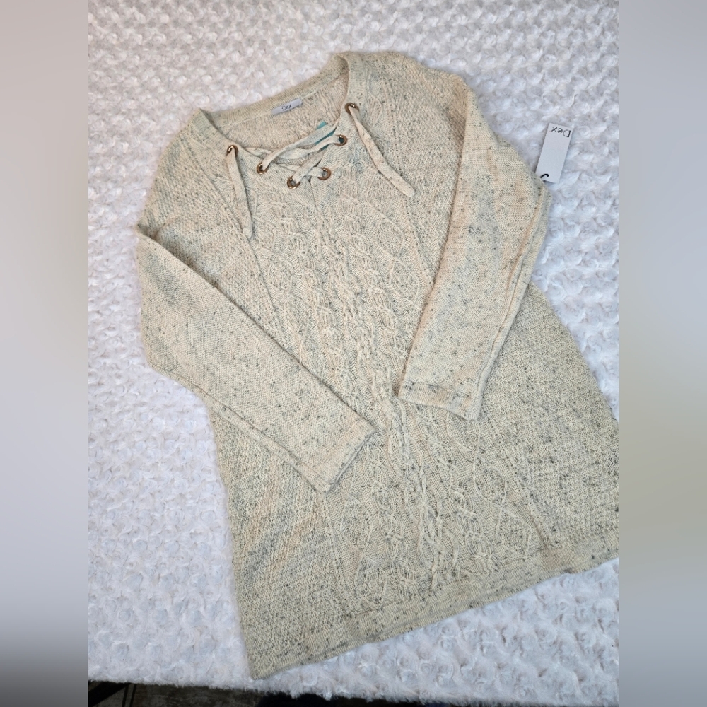 Dex Beige Lace-Up V-Neck Sweater Large NWT (6161)